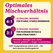Anleitung zum optimalen Mischverhältnis von KUPI Gießpulver: 4:1 für stabile Ergebnisse und 3:1 für filigrane Details. Inklusive Tipps zur Verarbeitung.