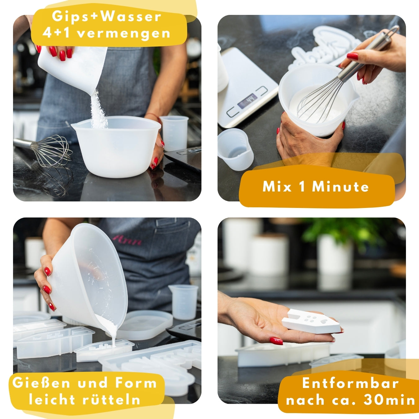 Schritt-für-Schritt-Anleitung zur Verwendung von KUPI Keramik Gießpulver Extraweiß: 1. Gips und Wasser im Verhältnis 4:1 vermengen, 2. eine Minute lang mischen, 3. in die Form gießen und leicht rütteln, 4. nach ca. 30 Minuten entformen. Ideal für DIY-Projekte mit blasenfreien Ergebnissen.