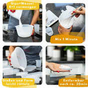 Schritt-für-Schritt-Anleitung zur Verwendung von KUPI Keramik Gießpulver Extraweiß: 1. Gips und Wasser im Verhältnis 4:1 vermengen, 2. eine Minute lang mischen, 3. in die Form gießen und leicht rütteln, 4. nach ca. 30 Minuten entformen. Ideal für DIY-Projekte mit blasenfreien Ergebnissen.