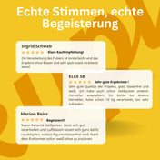 Kundenmeinungen zum KUPI Gießpulver Extraweiß auf gelbem Hintergrund. Drei echte 5-Sterne-Bewertungen loben die blasenfreie Verarbeitung, hohe Qualität und das strahlend weiße Ergebnis. Stimmen von Ingrid Schwab, Elke 58 und Marion Beier.